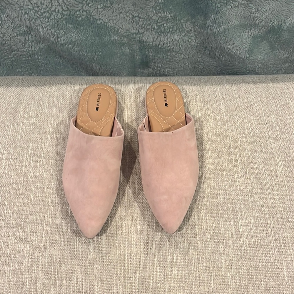 NWT Birdies pink suede slip on mules